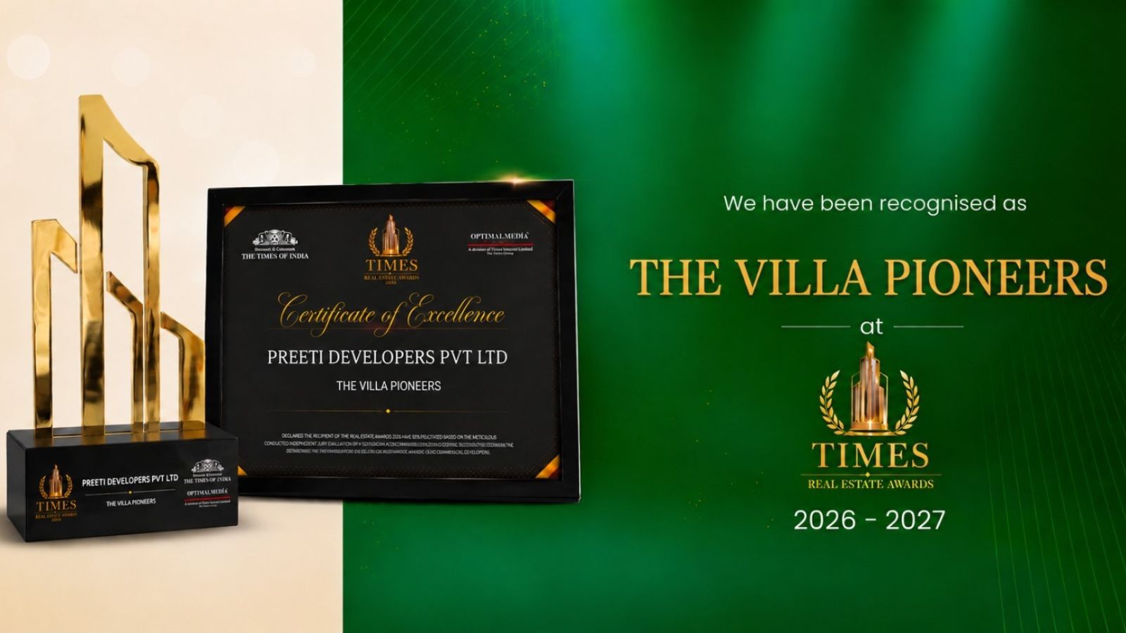 Preeti Developers Awarded for being the Villa Pioneers 2026-27 by Times Real Estate